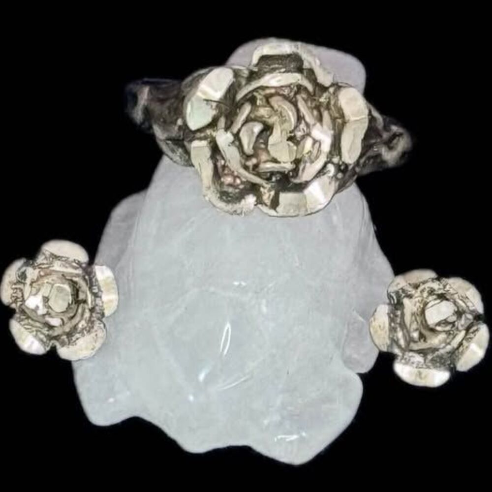 Vintage Rose Ring & Rose Post Back Earring Set | 925 | Size 7 Signed